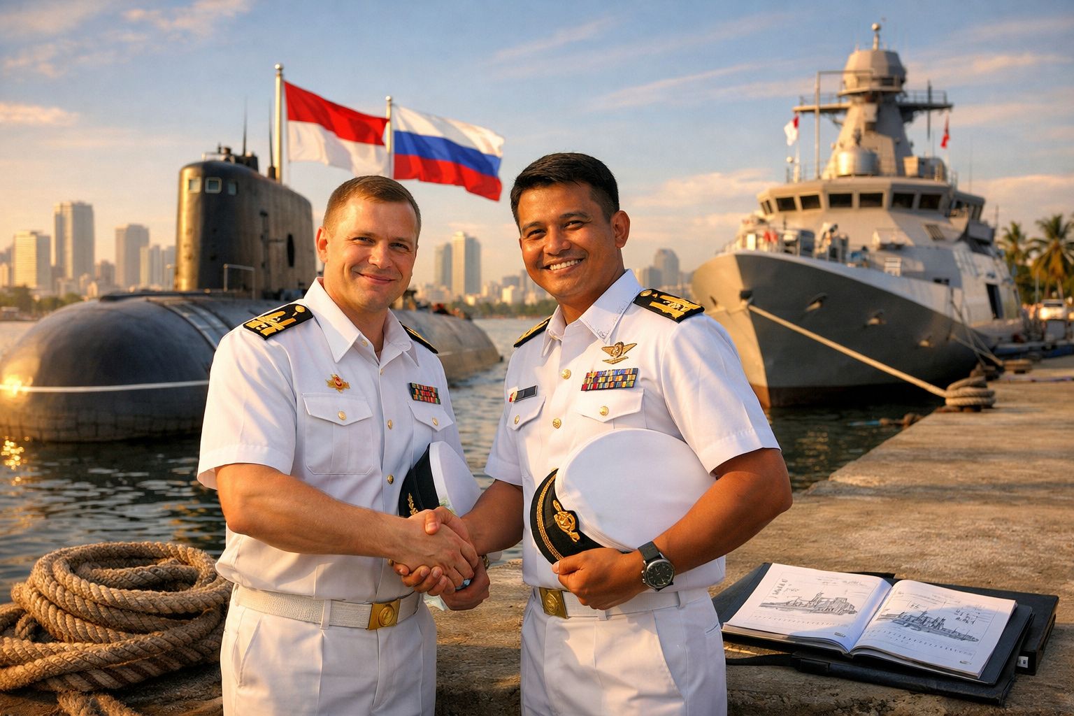 Dois oficiais navais apertam as mãos num porto junto a submarino e navio militar ao pôr do sol.