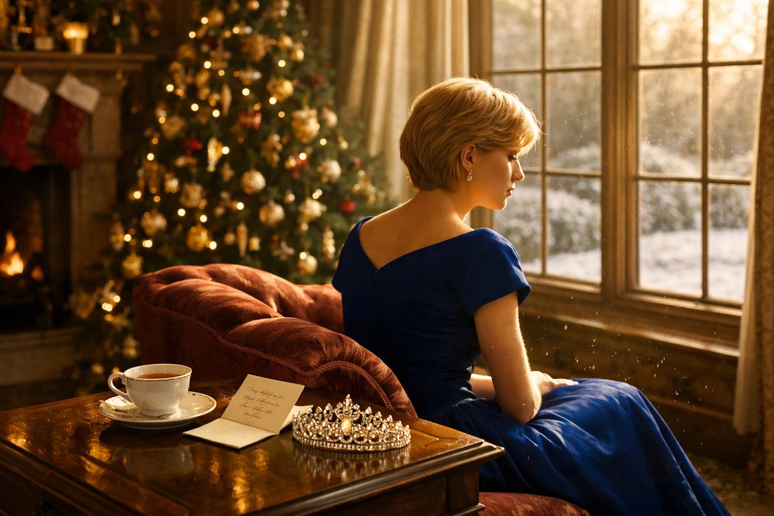 Mulher de azul sentada junto a uma janela com árvore de Natal e lareira ao fundo, olhando para fora.