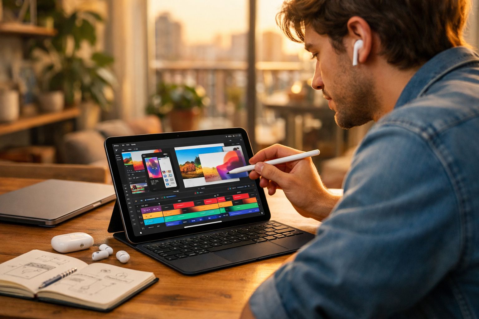 Homem a editar imagens num tablet com teclado usando uma caneta digital, em ambiente acolhedor e iluminado.