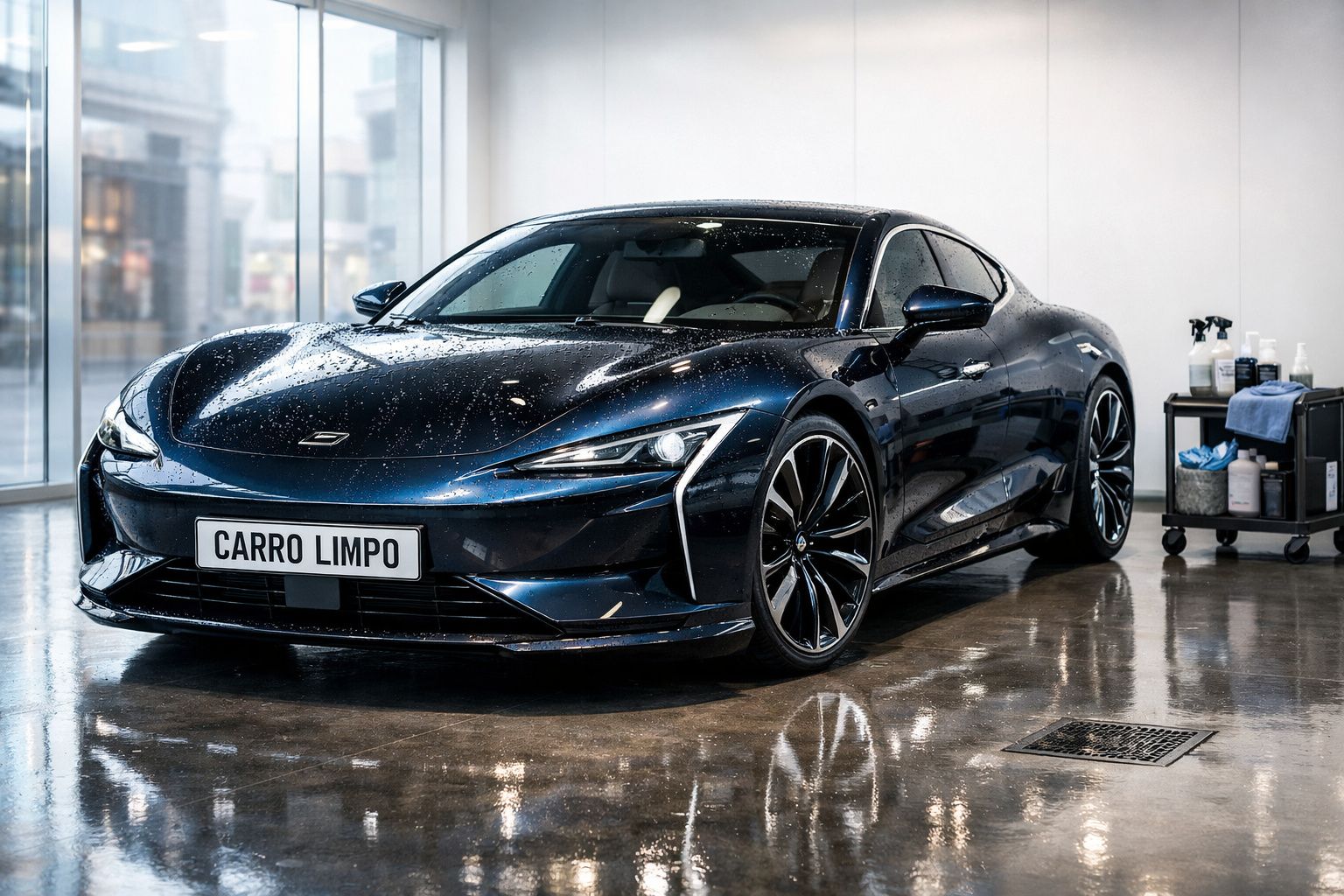 Carro desportivo preto limpo e brilhante numa garagem com chão molhado e carrinho de limpeza ao lado.