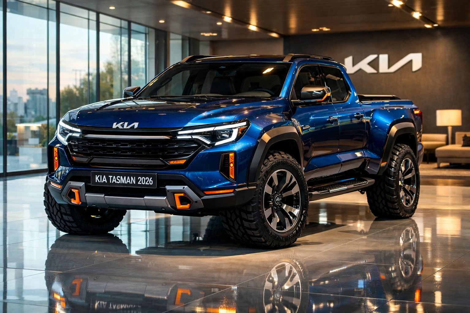 Picape Kia Tasman 2026 azul exposta em showroom com iluminação interior e chão refletor.