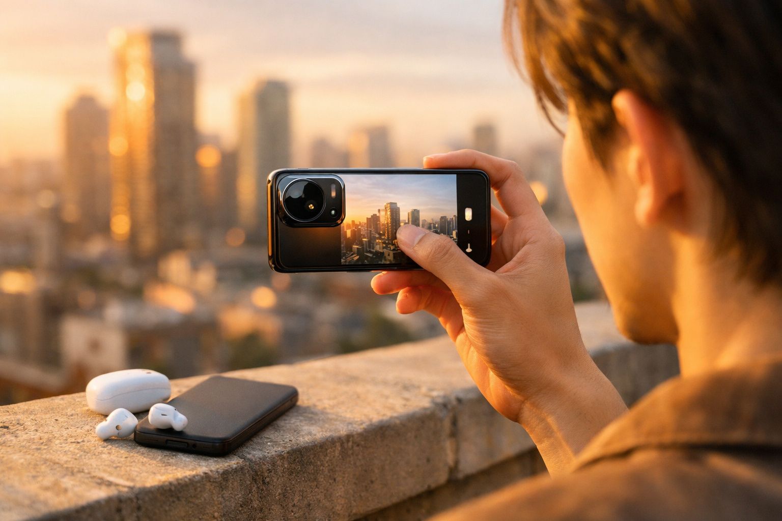Pessoa a tirar foto do horizonte da cidade ao pôr do sol com smartphone preto apoiado numa parede de pedra.