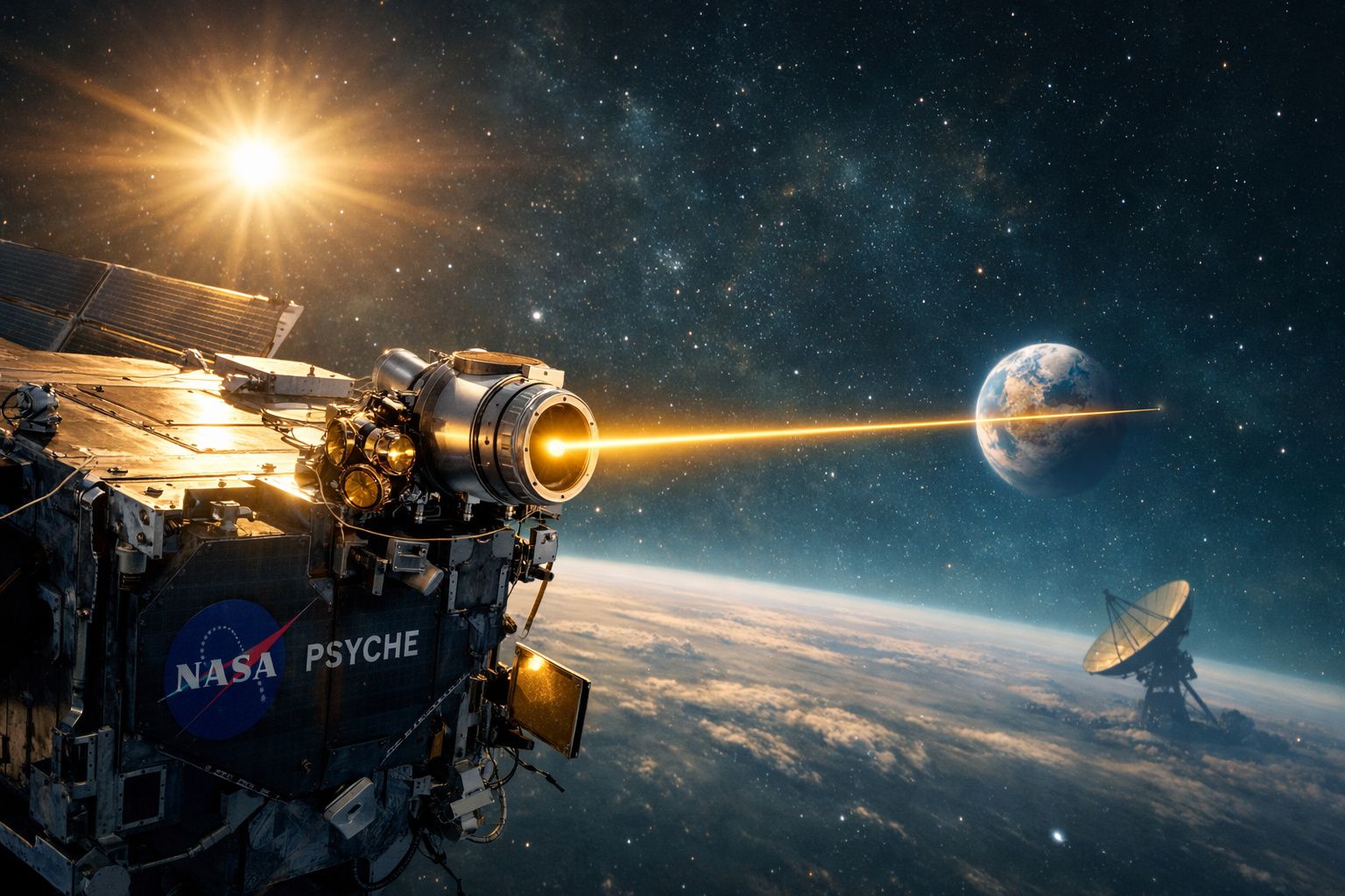 Sonda espacial NASA Psyche a emitir feixe de luz em direção à Terra no espaço com antena parabólica.