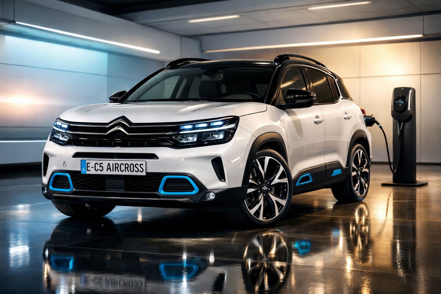 Carro elétrico Citroën C5 Aircross branco a carregar numa estação de carregamento interior moderna.