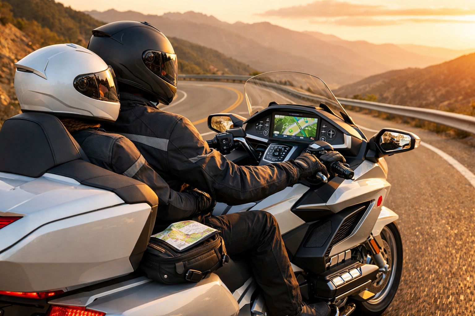 Duas pessoas com capacetes pretos e brancos numa mota branca numa estrada sinuosa ao pôr do sol.