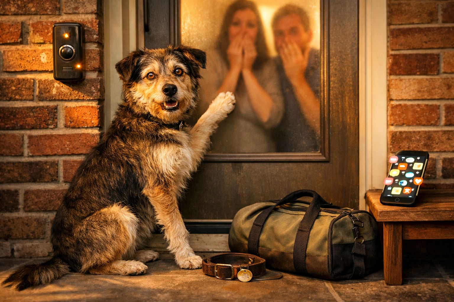 Cão sentado à porta com pata na janela, dois humanos assustados refletidos no vidro atrás.