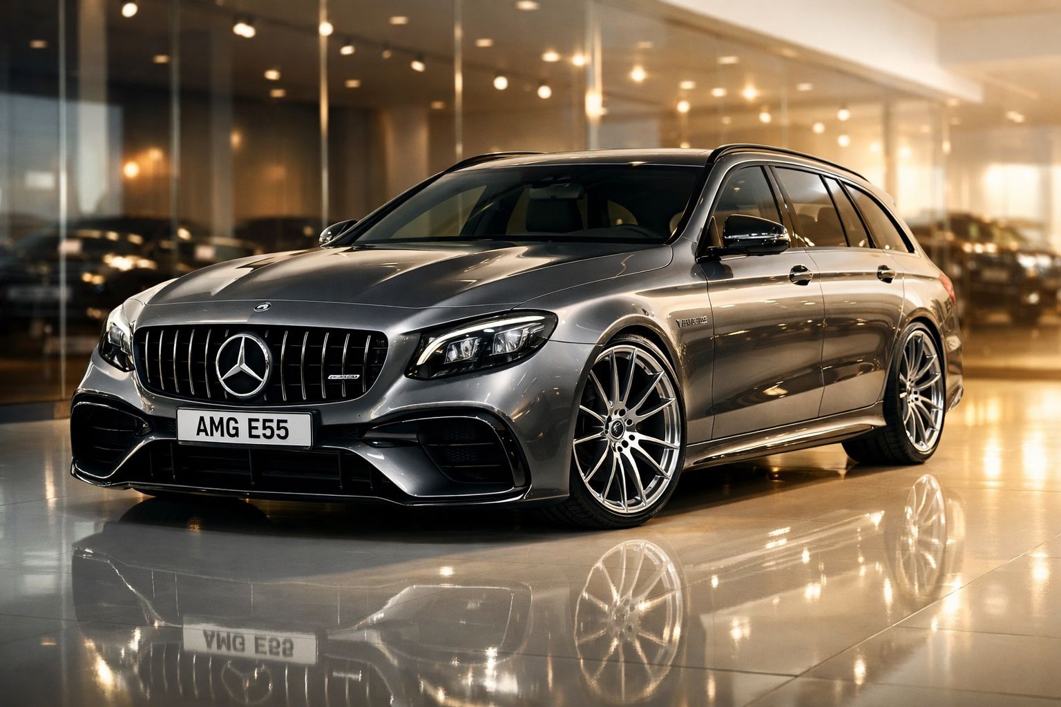 Carro Mercedes-Benz AMG E55 cinza metálico estacionado em piso polido com reflexos e iluminação interior.