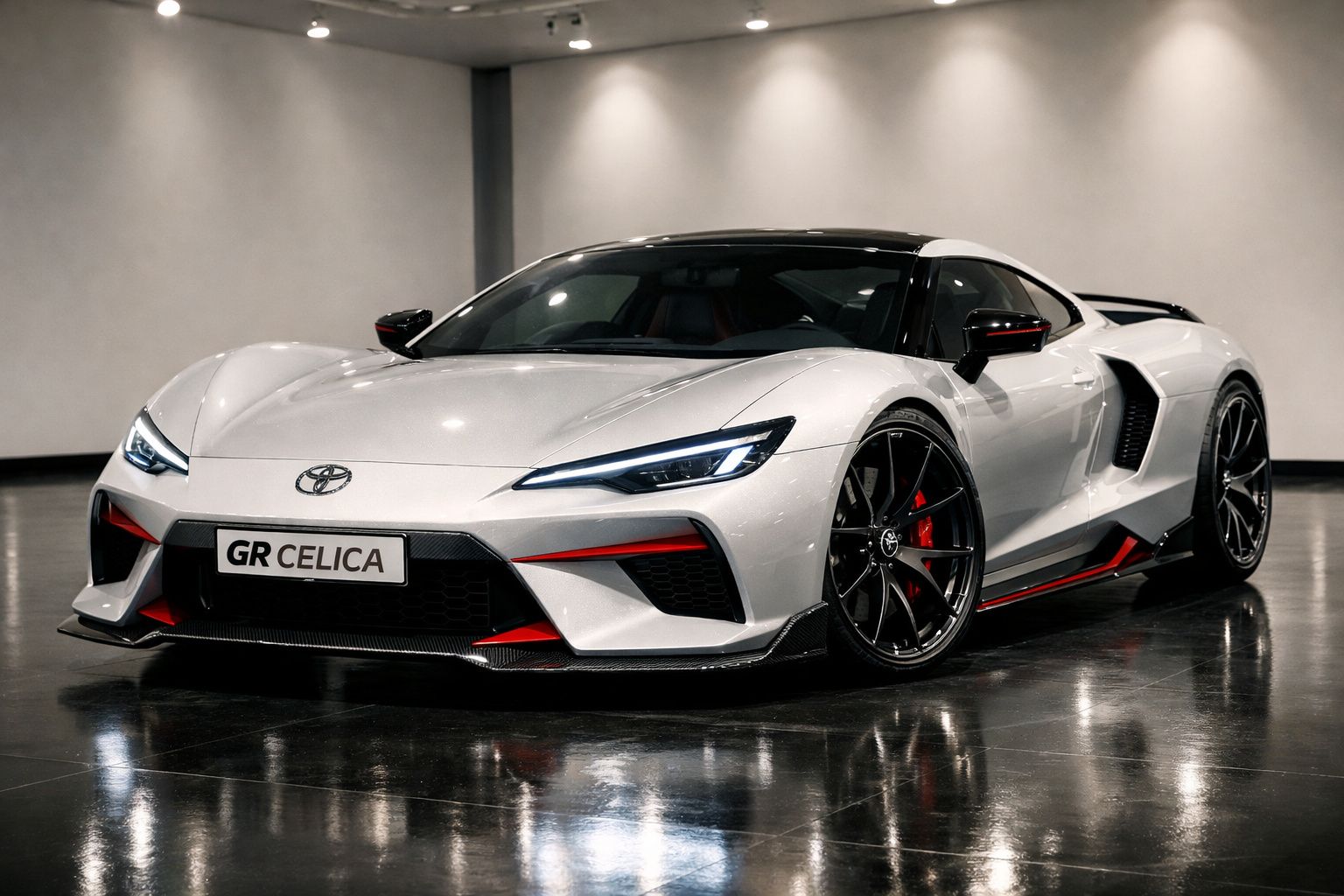 Carro desportivo Toyota GR Celica branco num piso reflexivo, com detalhes em preto e vermelho.