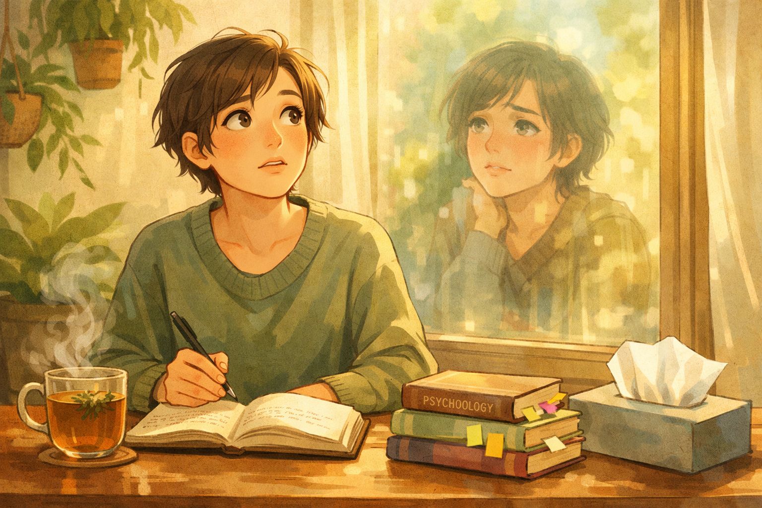 Jovem a estudar com chá quente, vários livros e uma caixa de lenços, refletida numa janela iluminada pelo sol.