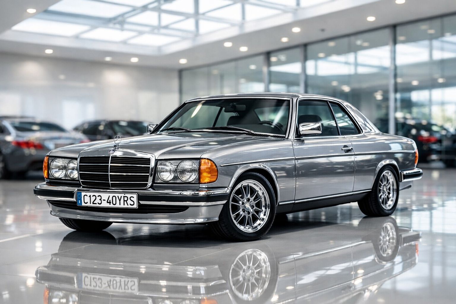 Carro clássico Mercedes-Benz vintage prateado estacionado em interior com chão refletor e luz natural.