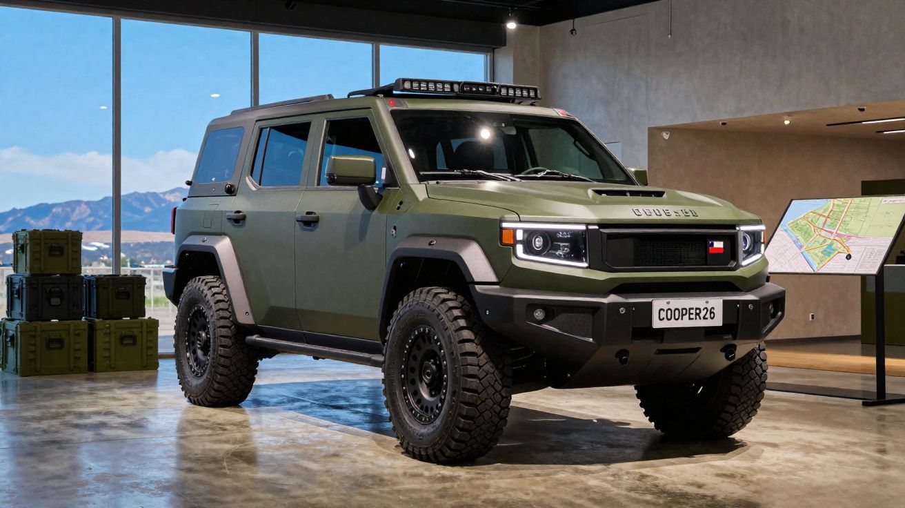 Veículo todo-o-terreno verde militar estacionado em espaço interior com janelas amplas e mapas nas paredes.