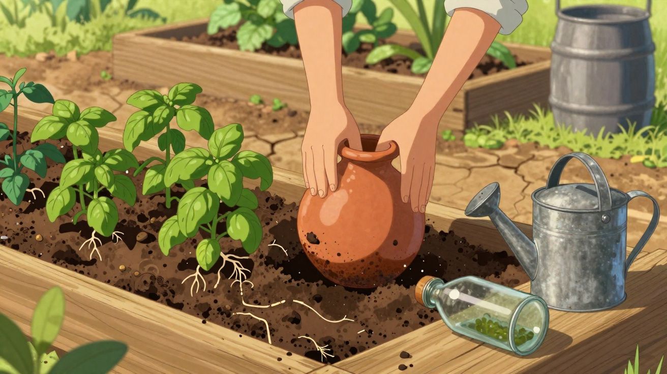 Mãos a plantar em canteiro com terra e plantas, regador e garrafa com sementes ao lado.