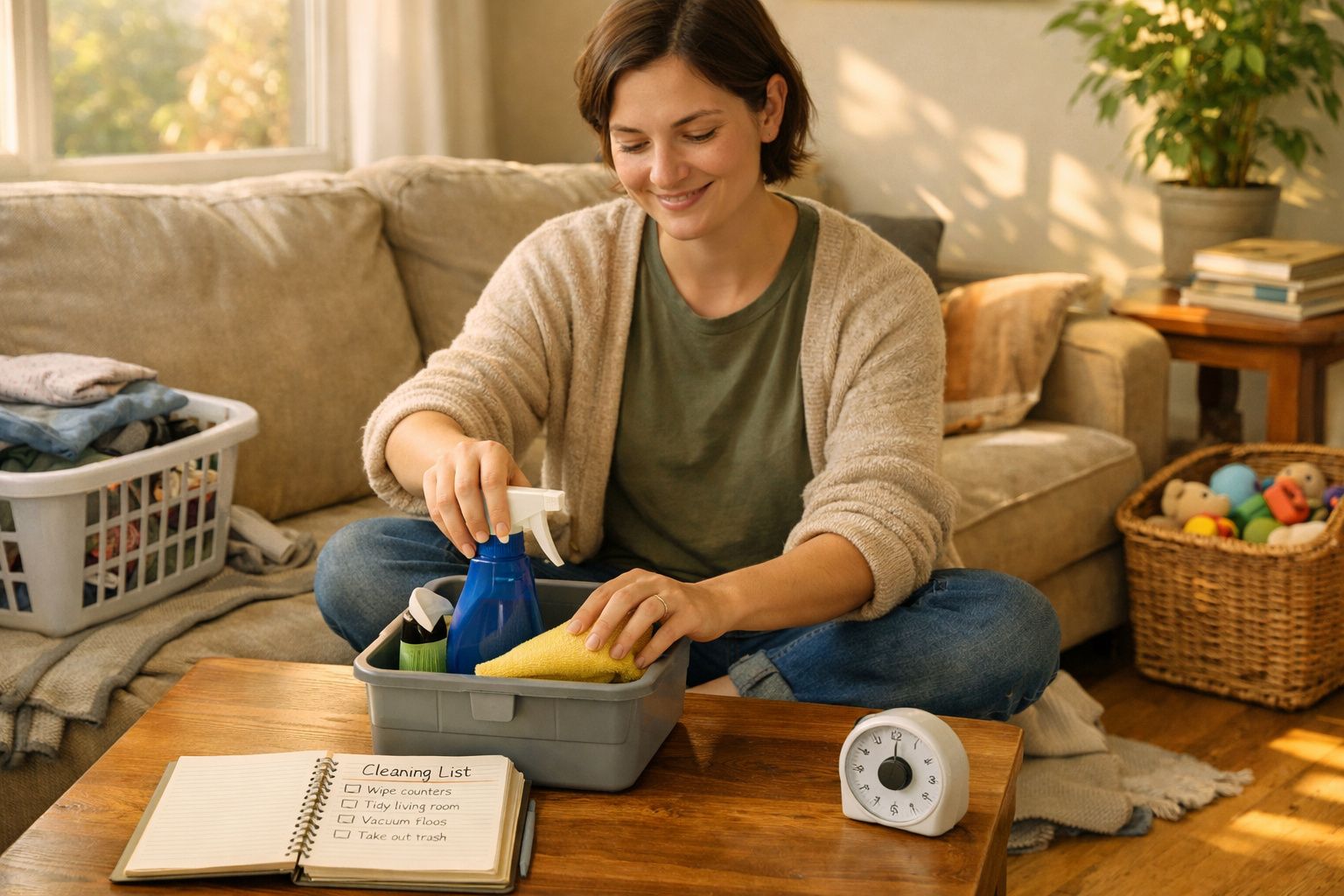 Mulher sentada no sofá a organizar produtos de limpeza numa sala iluminada e acolhedora.