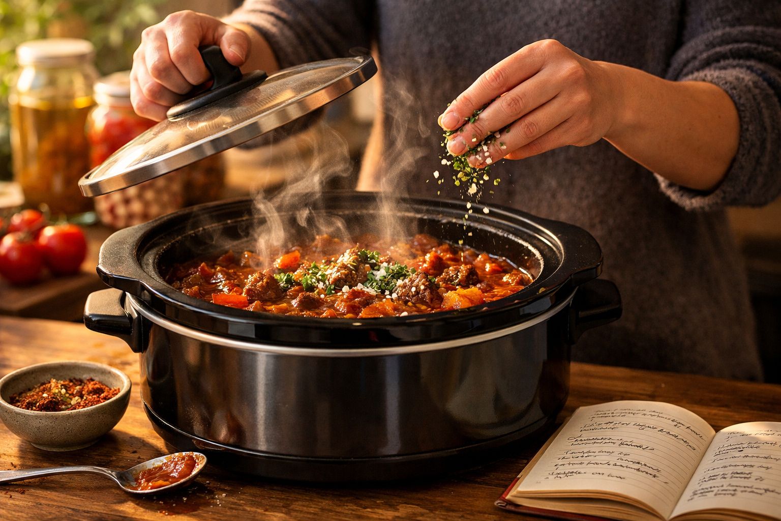 Pessoa a temperar um guisado fumegante numa panela elétrica preta numa cozinha com livro de receitas aberto.