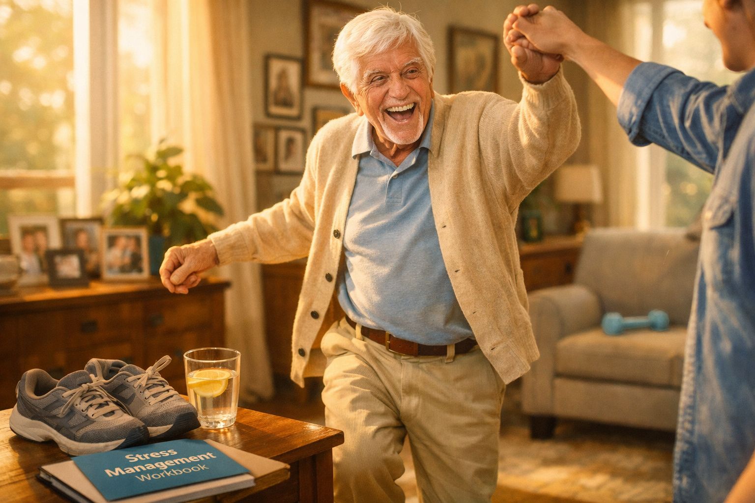 Homem idoso sorridente vestindo cardigan bege a dançar em sala com pessoa não visível.