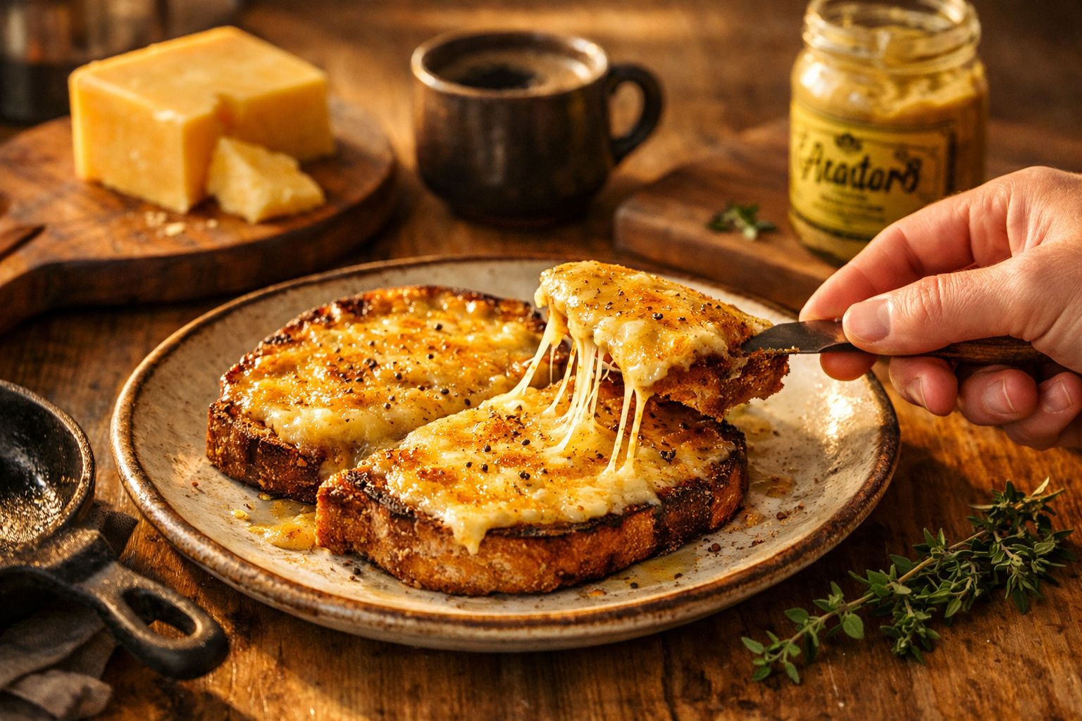 Tostas com queijo gratinado e especiarias, uma fatia a ser levantada com faca, em prato rústico sobre mesa de madeira.