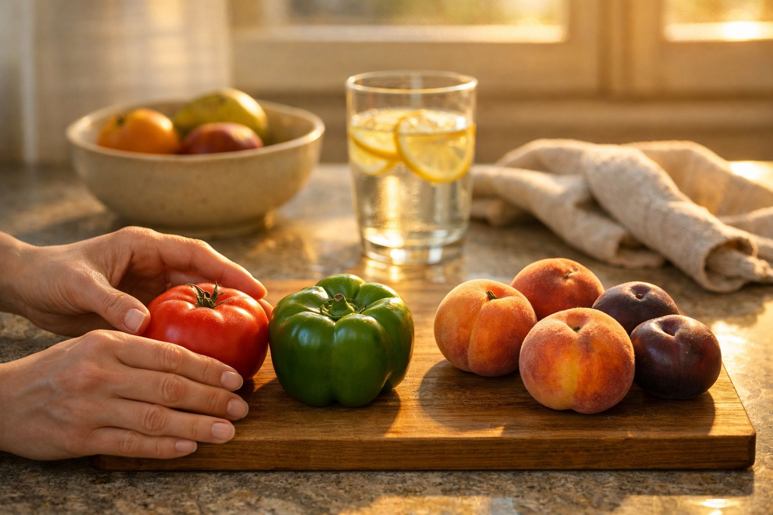 Mãos seguram tomate ao lado de pimento verde e pêssegos numa tábua de madeira com copo de água e frutos ao fundo.