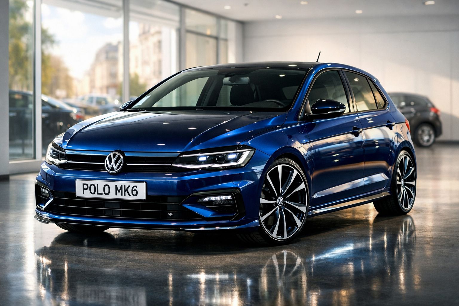 Carro Volkswagen Polo MK6 azul metálico estacionado numa garagem iluminada.