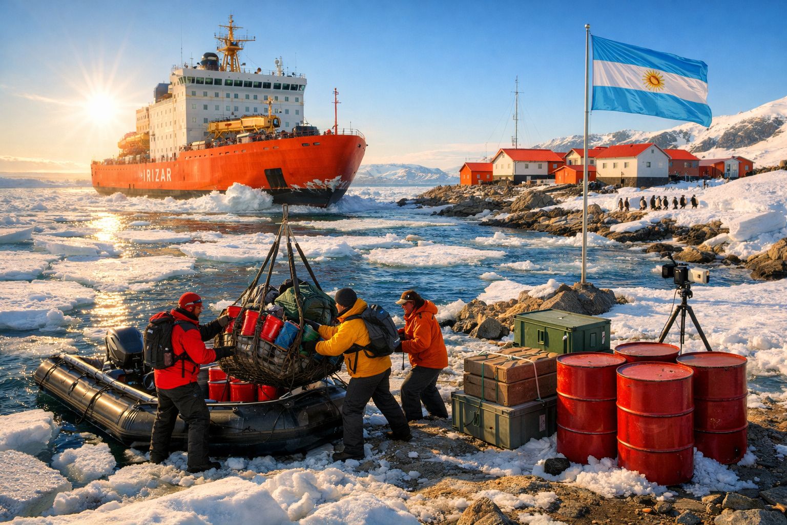 Pessoas descarregam mantimentos no gelo junto a barco e bandeira da Argentina em paisagem nevada com edifícios vermelhos.