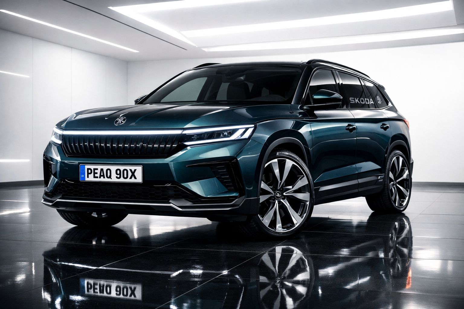 SUV Skoda elétrico azul escuro estacionado em interior com chão refletor e luzes LED.