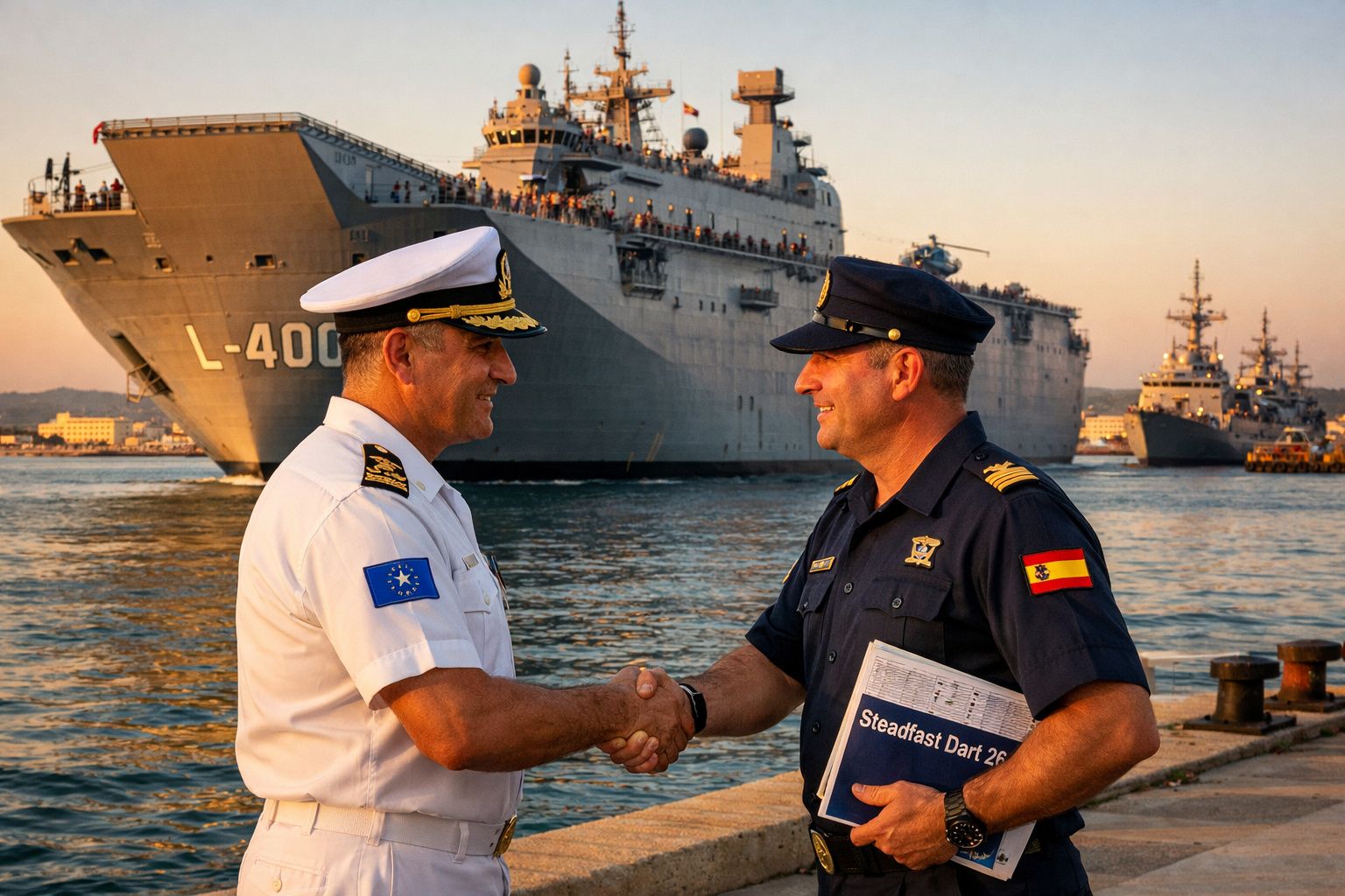 Dois oficiais navais cumprimentam-se com um aperto de mão num porto junto a navios militares ao pôr do sol.