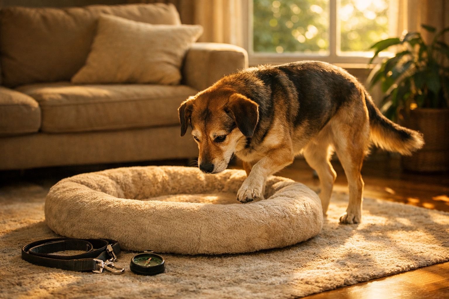 Cão castanho a investigar cama felpuda numa sala iluminada com sofá e objetos no chão.