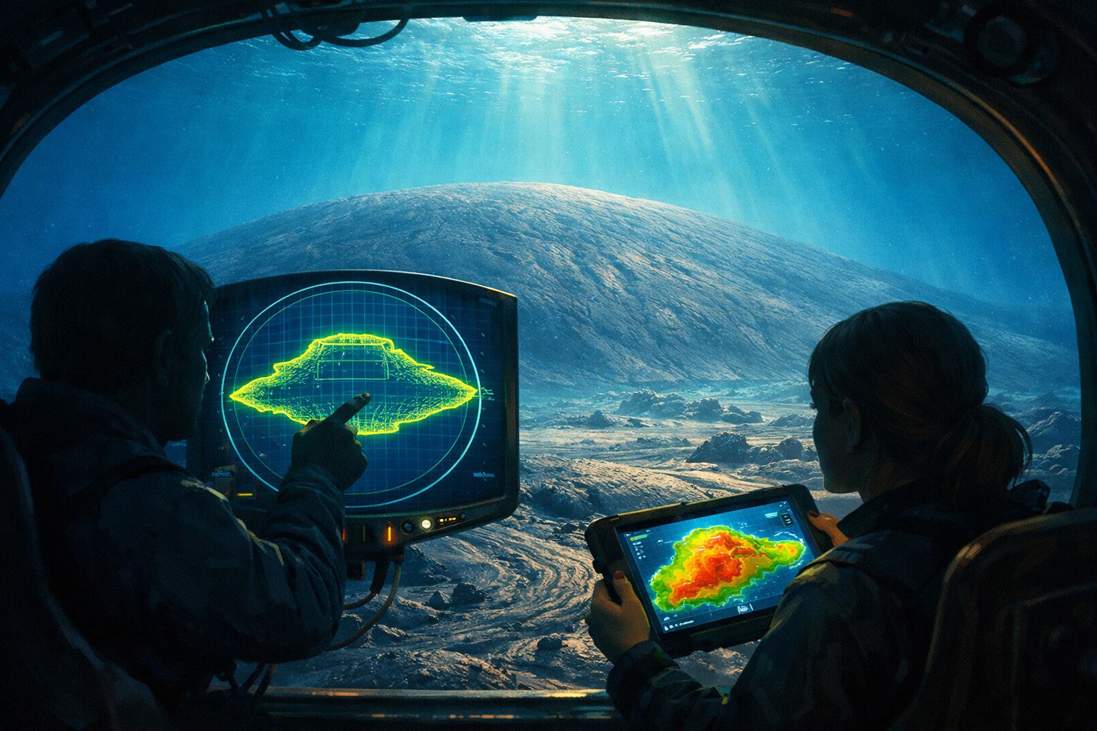 Duas pessoas analisam imagens digitais de um objeto subaquático estranho visto através da janela de um submarino.