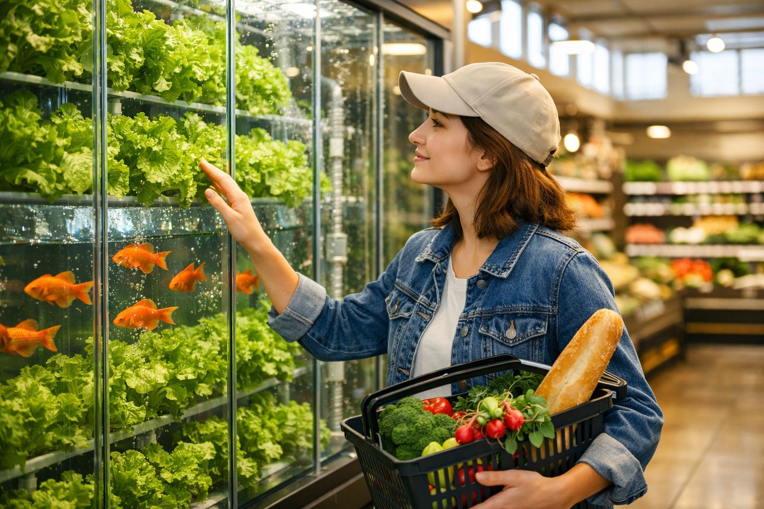 Mulher com cesta de compras observa peixes dourados em viveiro num supermercado.