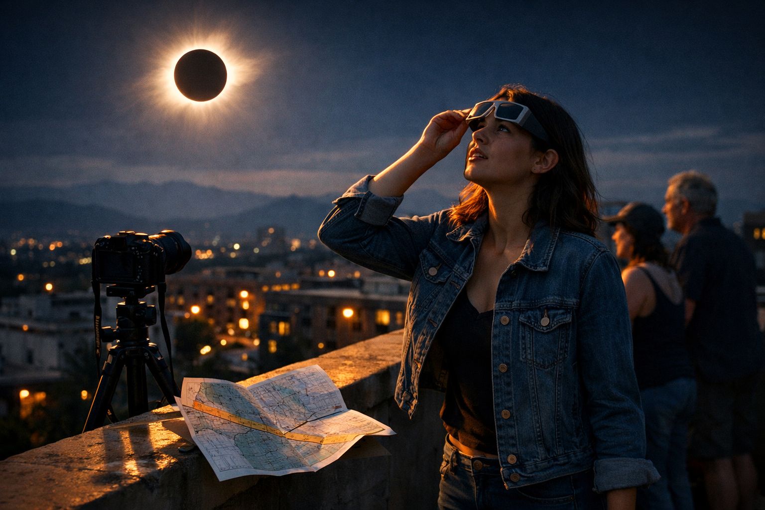 Mulher com óculos especiais observa eclipse solar no céu durante noite numa cidade.