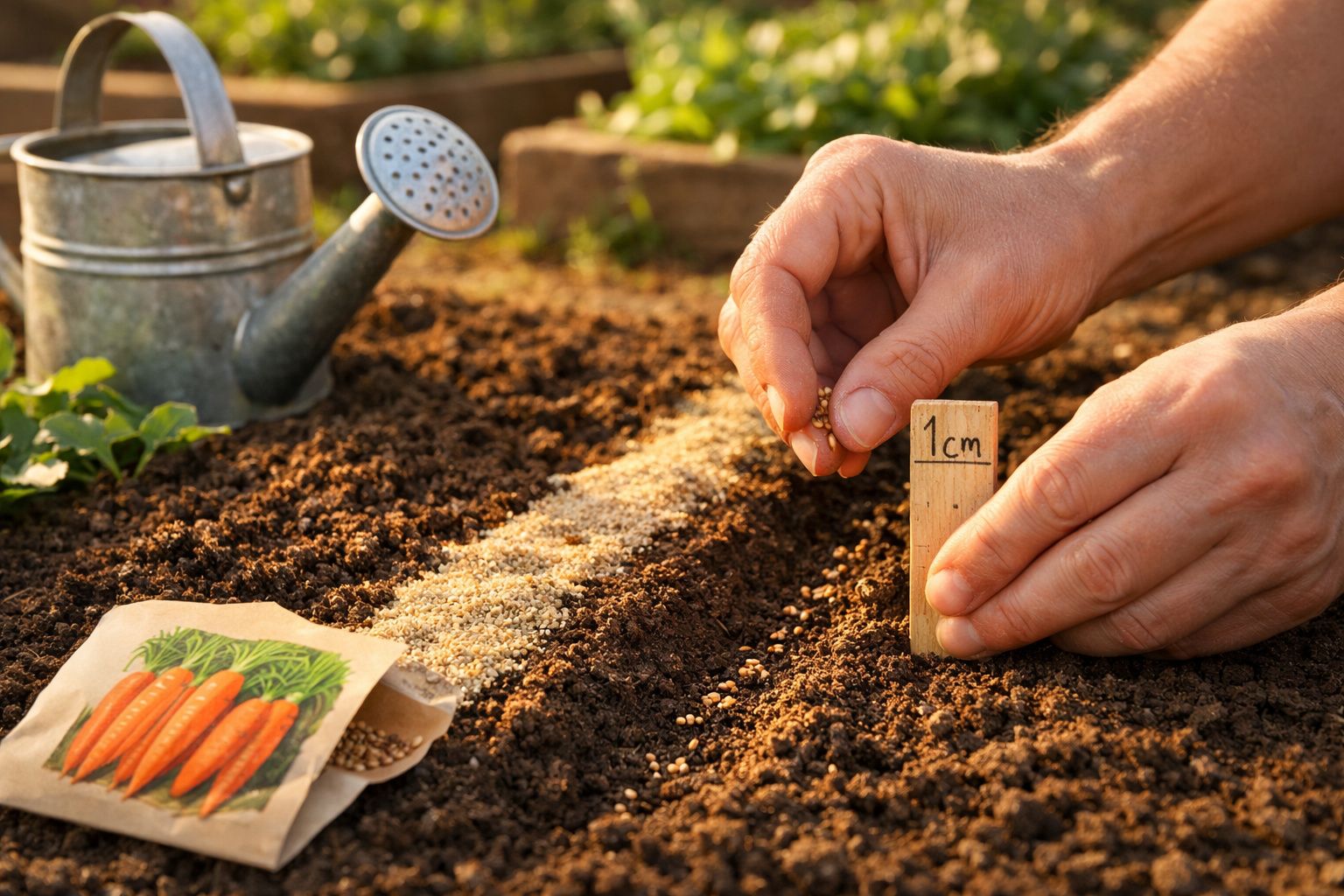Mãos a semear sementes de cenoura no solo com marcador de 1 cm e regador ao fundo no jardim.