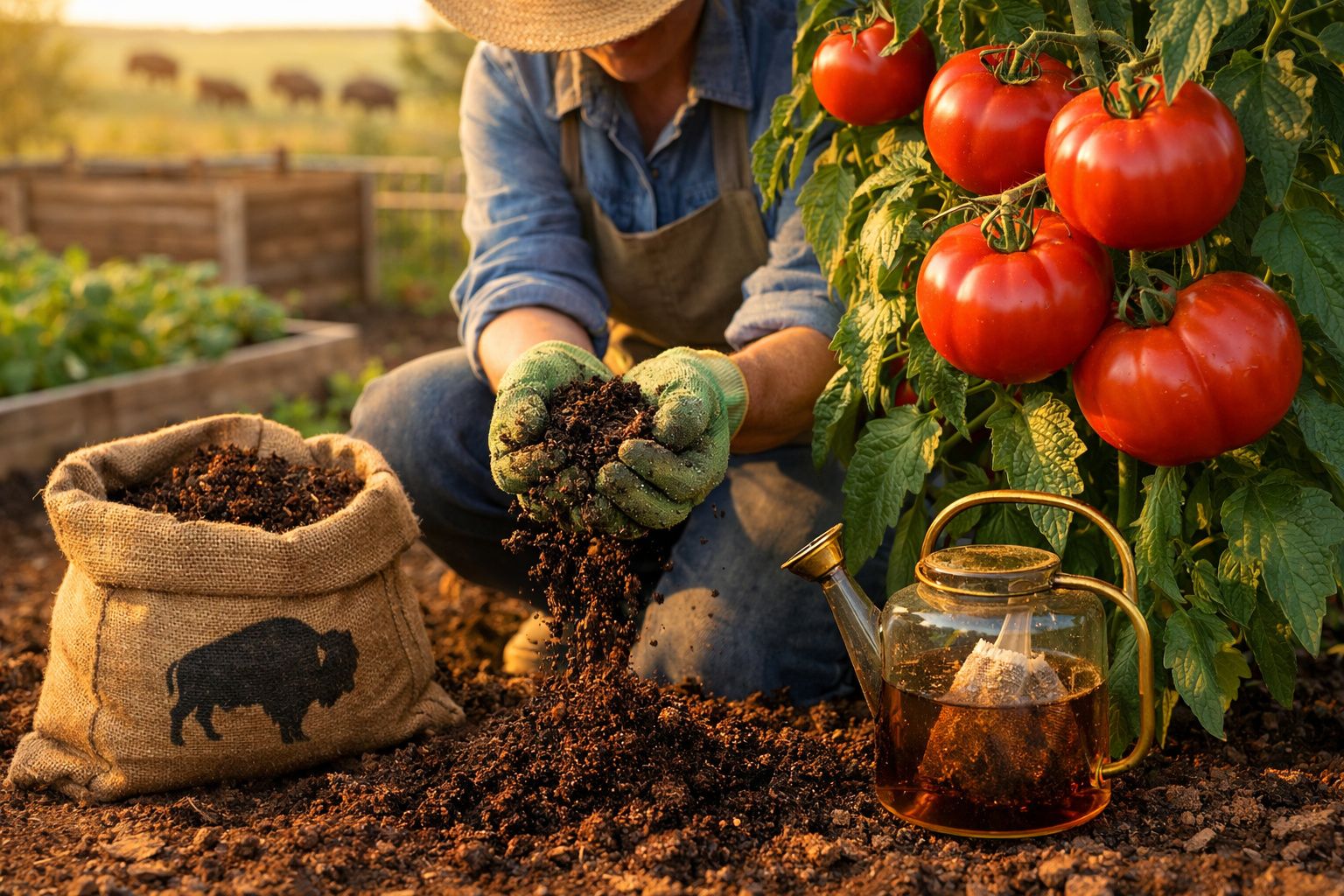 Homem a fertilizar solo com matéria orgânica junto a planta de tomate numa horta ao ar livre.