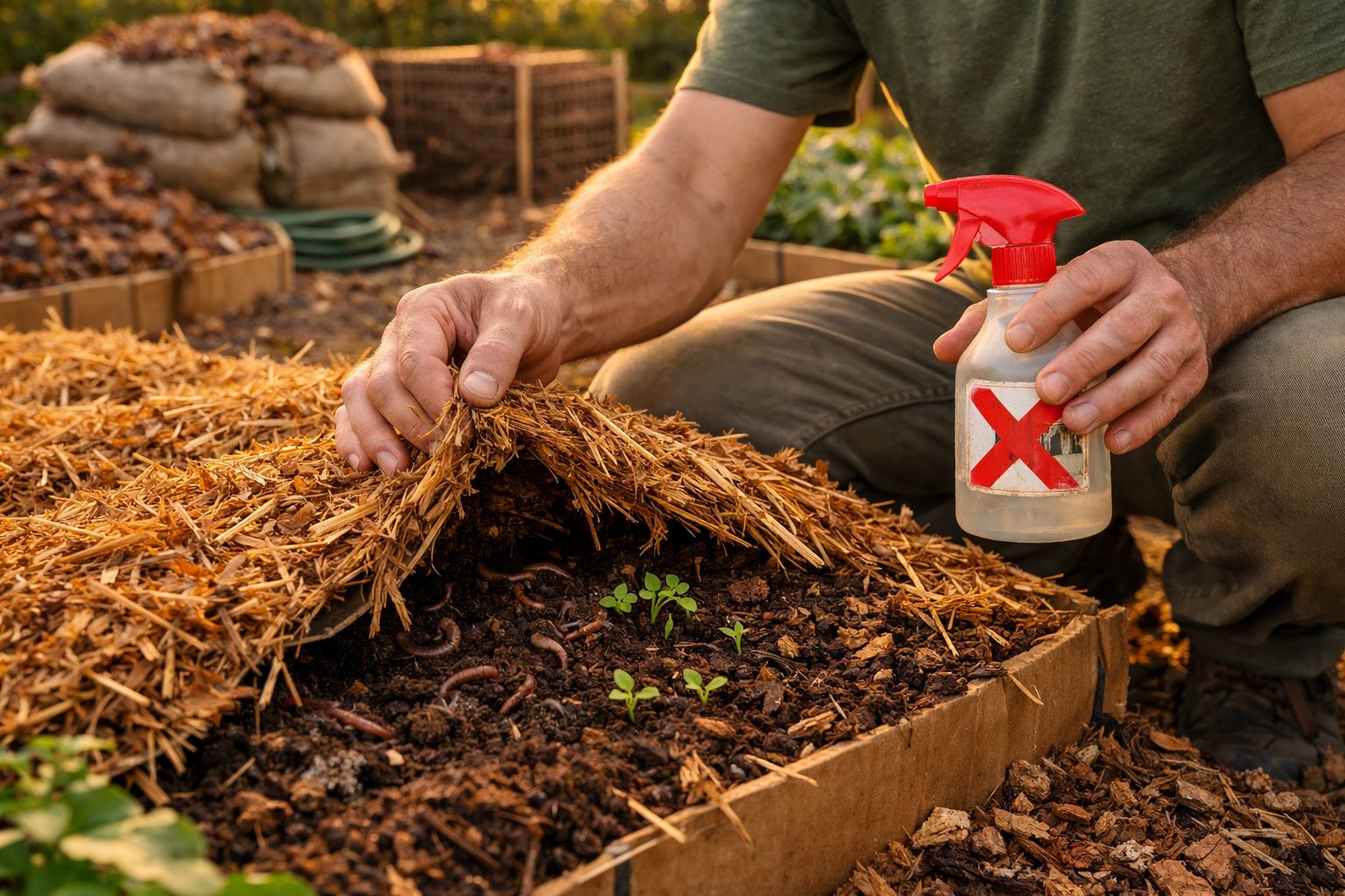 Mãos a levantar palha num canteiro com minhocas e plantas, segurando pulverizador com símbolo de cruz vermelha.
