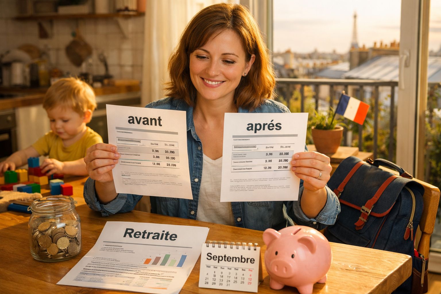 Mulher sorridente com dois documentos financeiros nas mãos, criança a brincar e vista da cidade ao fundo.