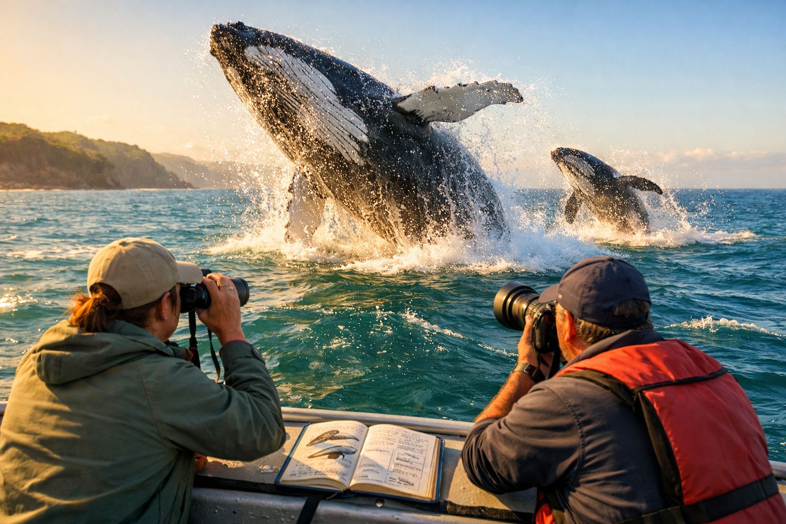 Duas pessoas em barco fotografam duas baleias a saltar fora de água ao pôr do sol.