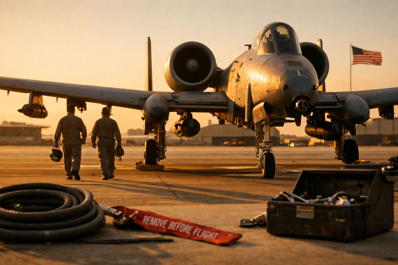 Avião militar A-10 Thunderbolt estacionado ao pôr do sol com dois militares a caminhar perto.