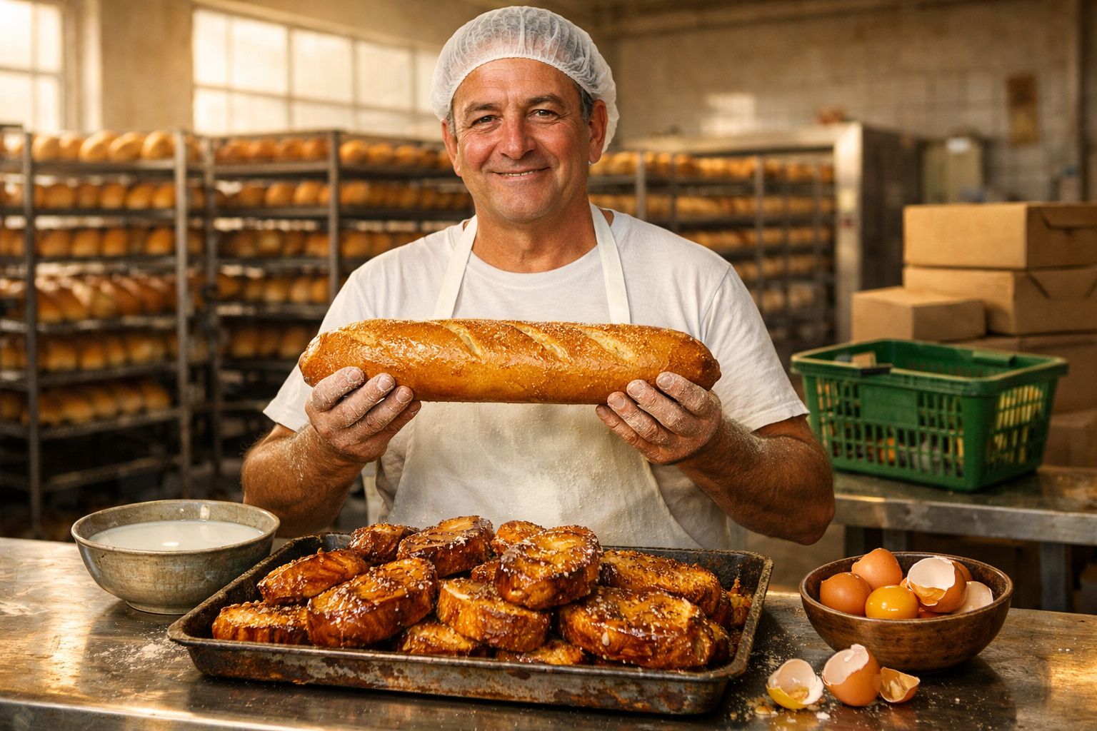 Padeiro sorridente segura baguete na padaria com bandeja de doces e ingredientes sobre a mesa.