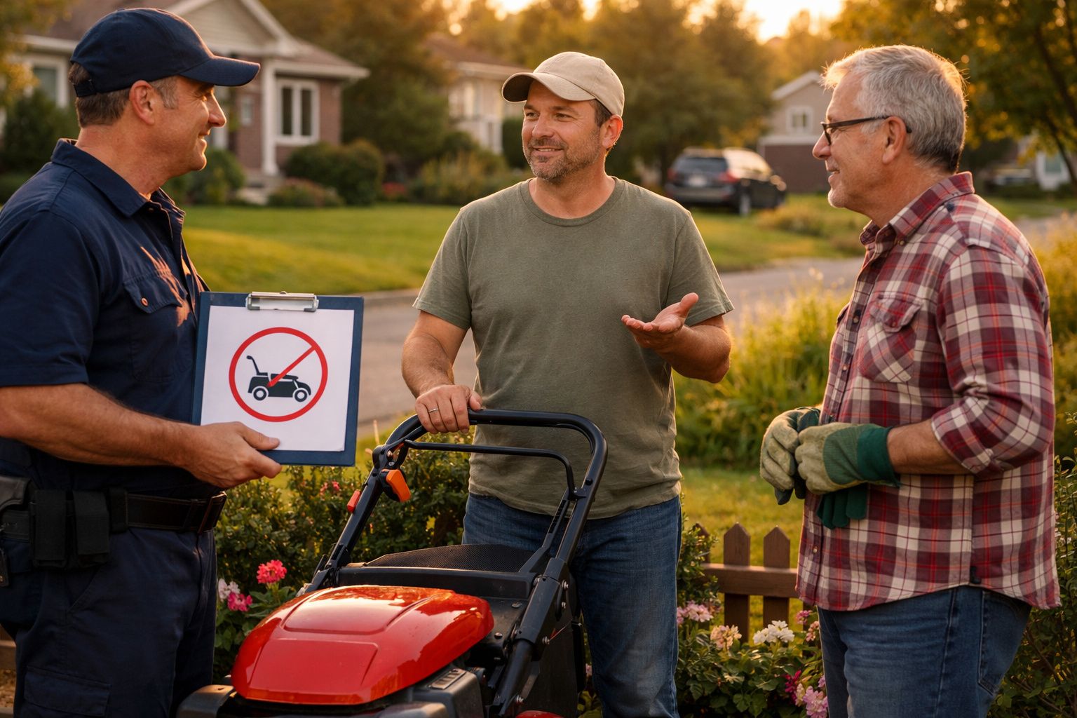Homem da autoridade conversa com dois homens junto a um cortador de relva num bairro residencial.