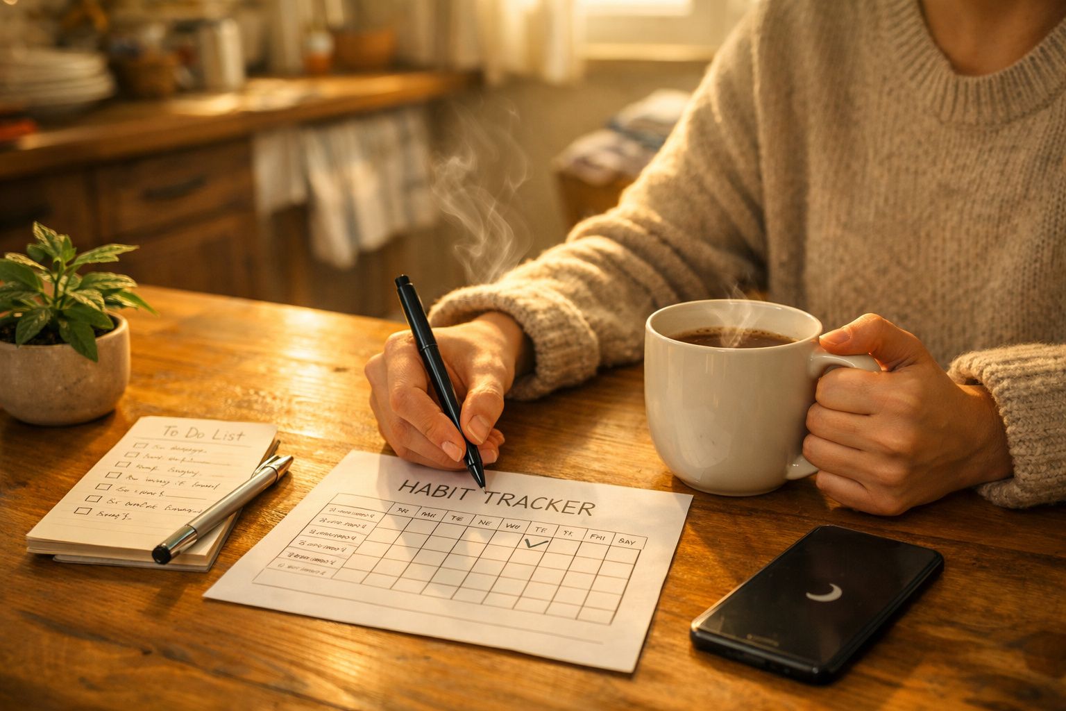 Pessoa a preencher habit tracker com uma mão e a segurar caneca de café fumegante com a outra.