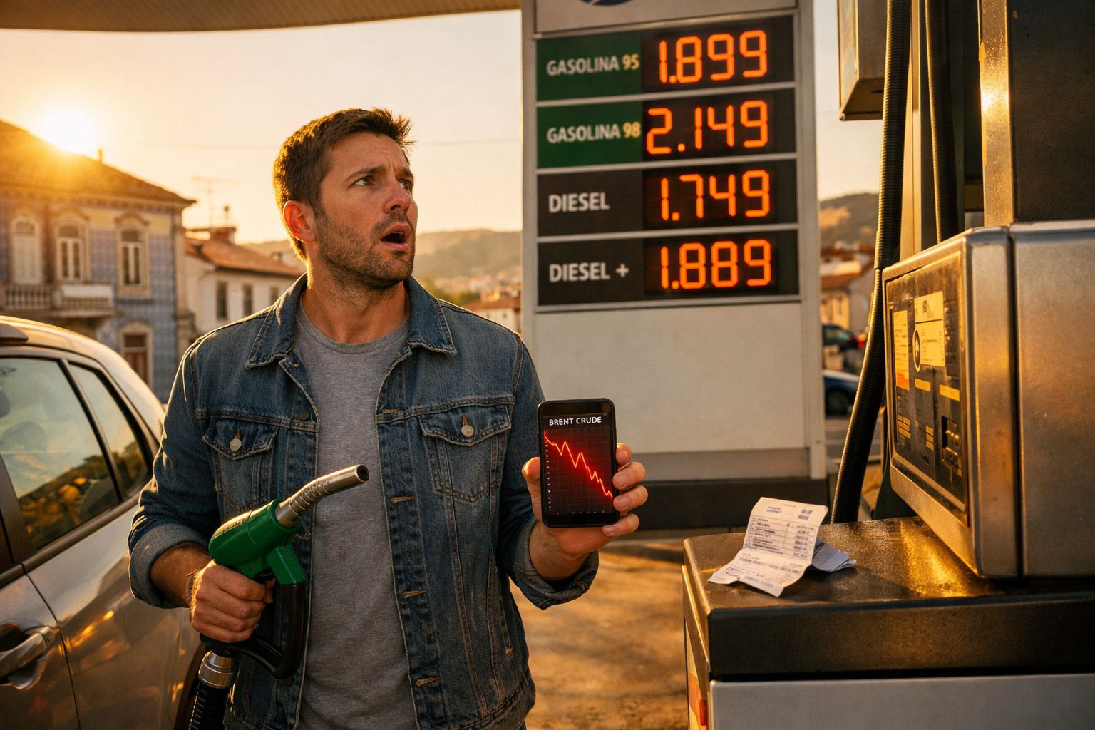 Homem surpreendido com gráfico de queda no preço do petróleo junto a bomba de gasolina.