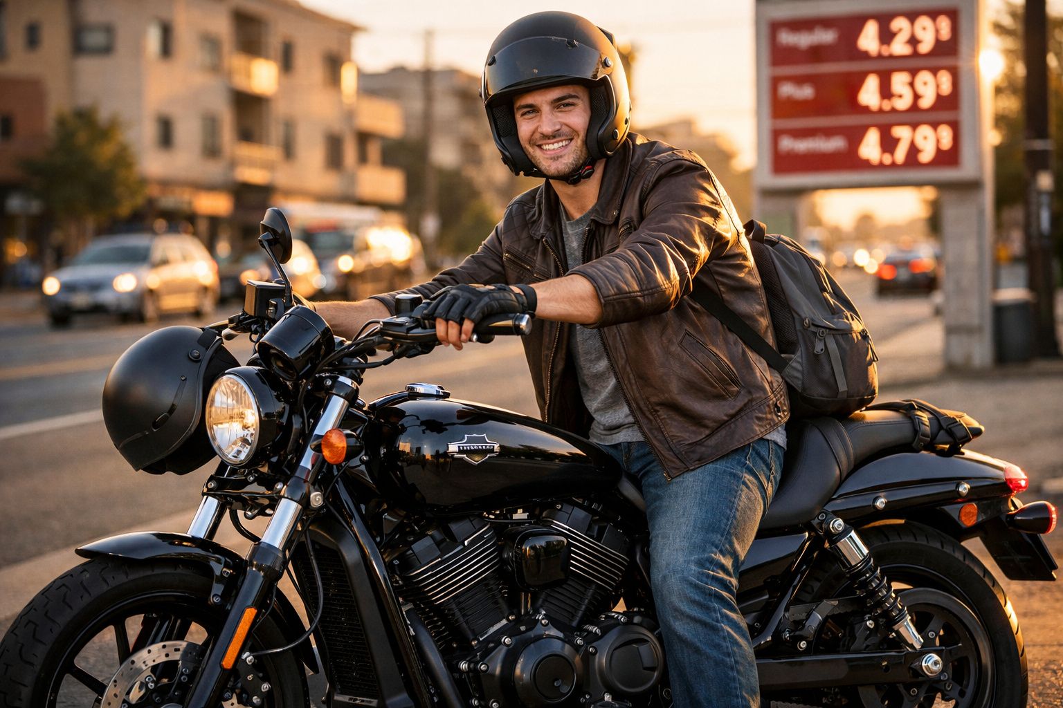 Homem sorridente com capacete sentado numa mota preta em estrada urbana ao pôr do sol.