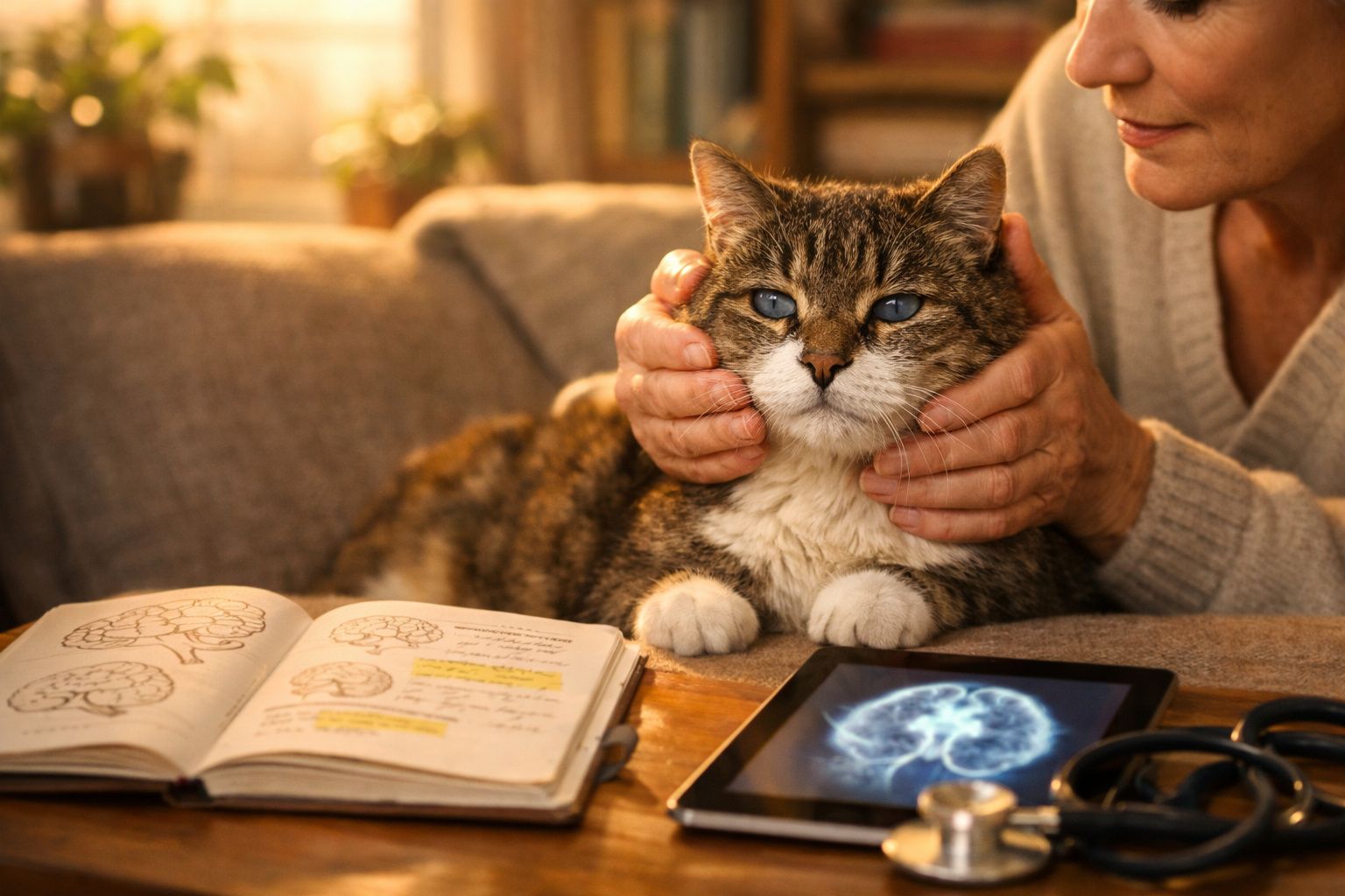 Mulher acaricia um gato com olhos azuis ao lado de livro aberto e imagem digital de cérebro numa tablet.