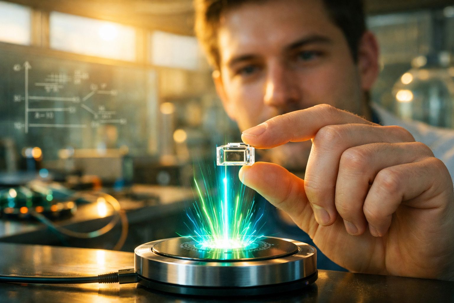 Pessoa a segurar componente tecnológico transparente com efeitos luminosos numa bancada de laboratório.