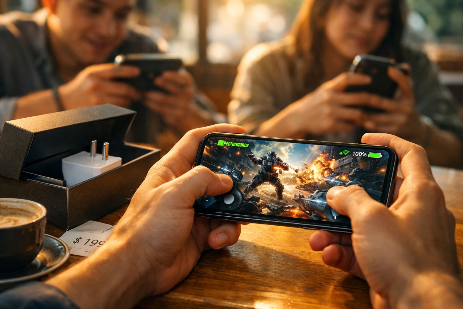 Pessoa a jogar videojogo de ação em smartphone numa mesa com café e carregador, outras duas pessoas ao fundo a usar telemóvei