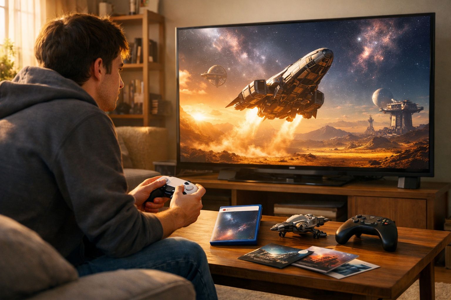 Homem a jogar videojogo de nave espacial em televisão grande na sala de estar.