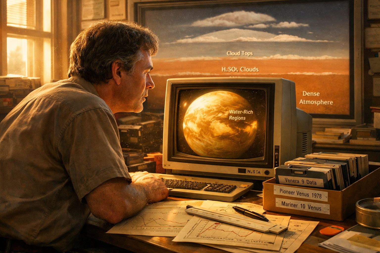 Homem sentado a analisar imagem da planeta Vénus num computador antigo numa sala com iluminação quente.