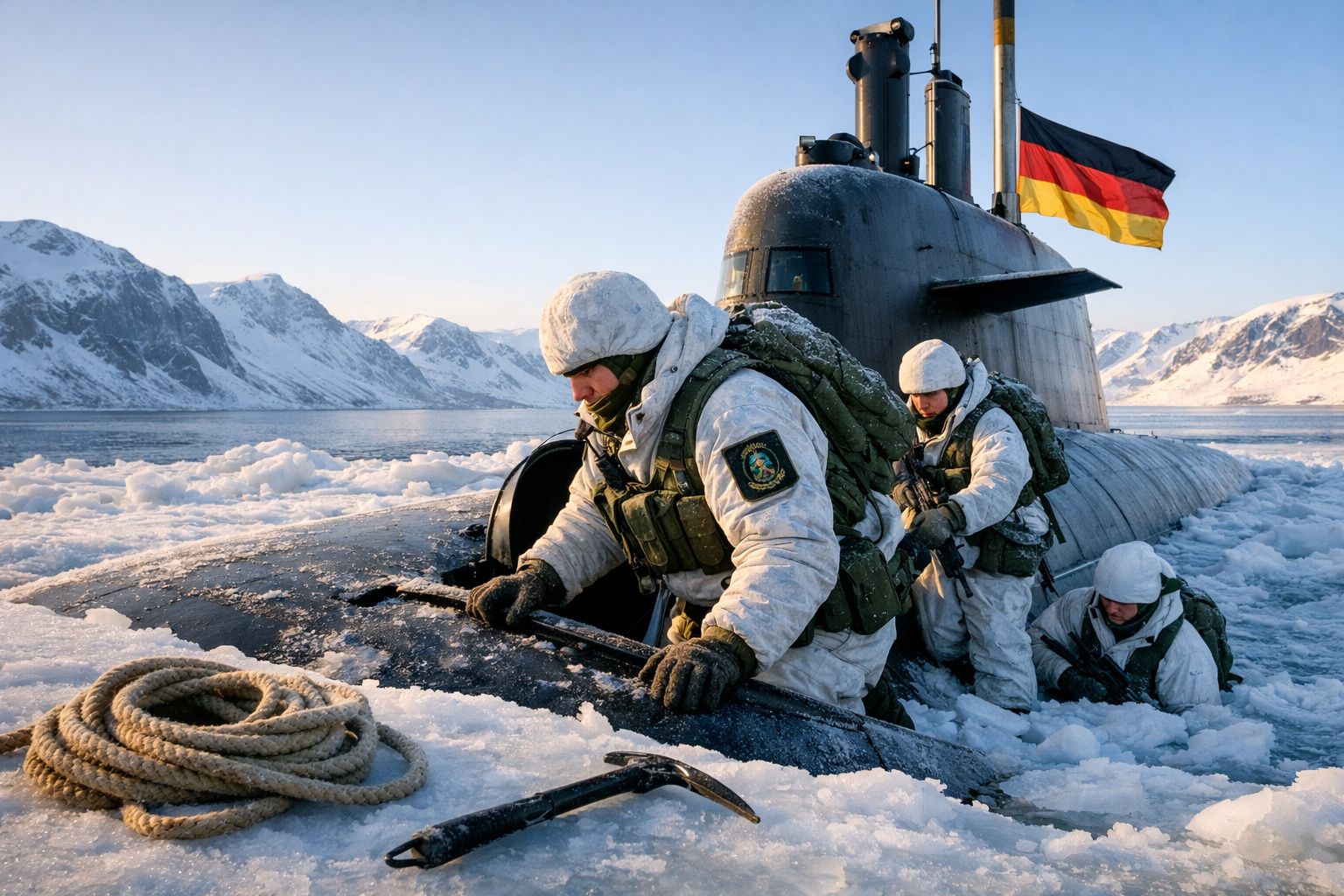 Soldados com uniformes brancos em submarino entre gelo no mar gelado com bandeira alemã ao fundo.