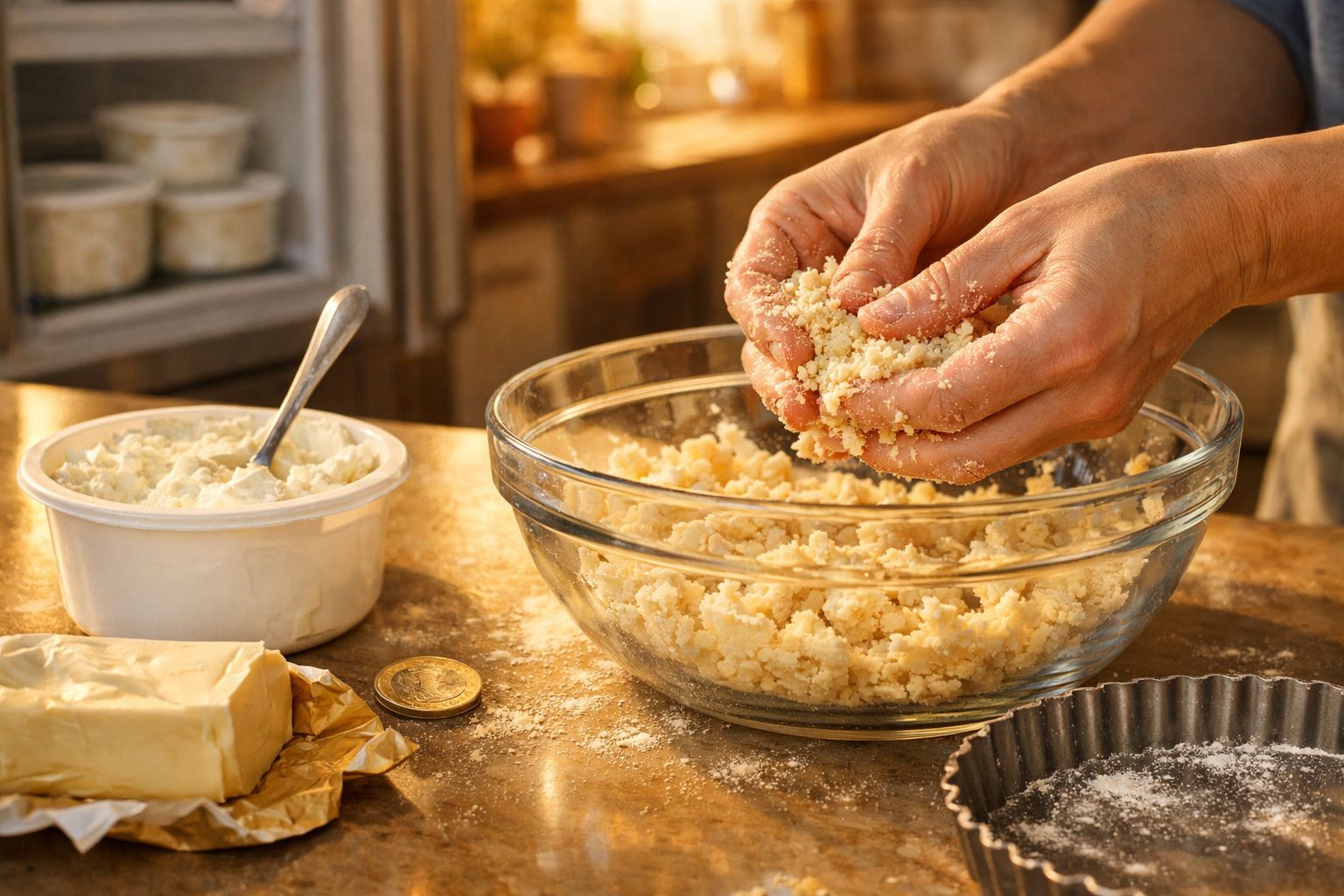 Mãos a preparar uma massa esfarelada numa taça de vidro numa cozinha com manteiga e queijo à volta.