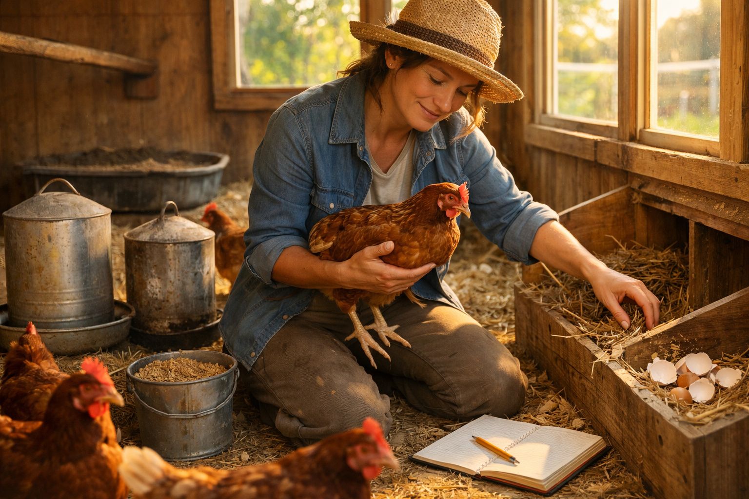 Mulher a colher ovos no galinheiro, segurando uma galinha com várias galinhas ao redor.