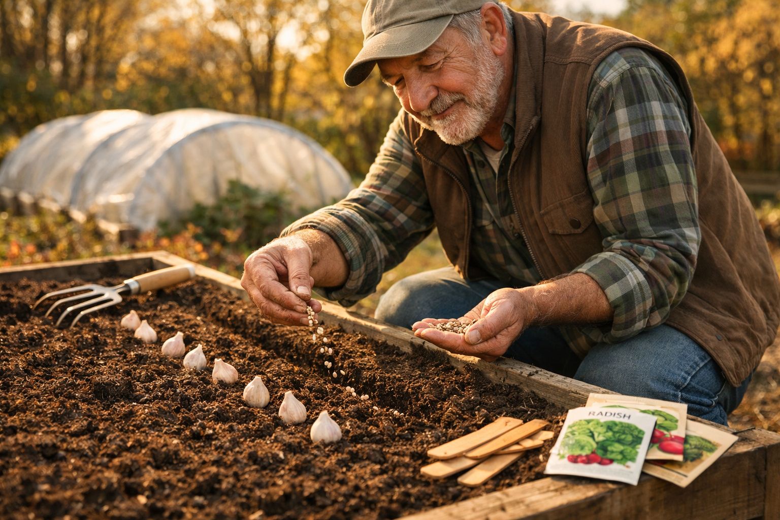 Homem idoso planta sementes num canteiro ao ar livre, com dentes de alho alinhados na terra.