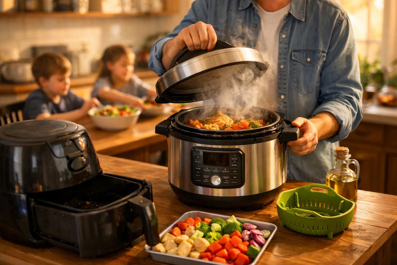 Pessoa a levantar tampa de panela elétrica com comida a vapor, crianças a comer ao fundo na cozinha.